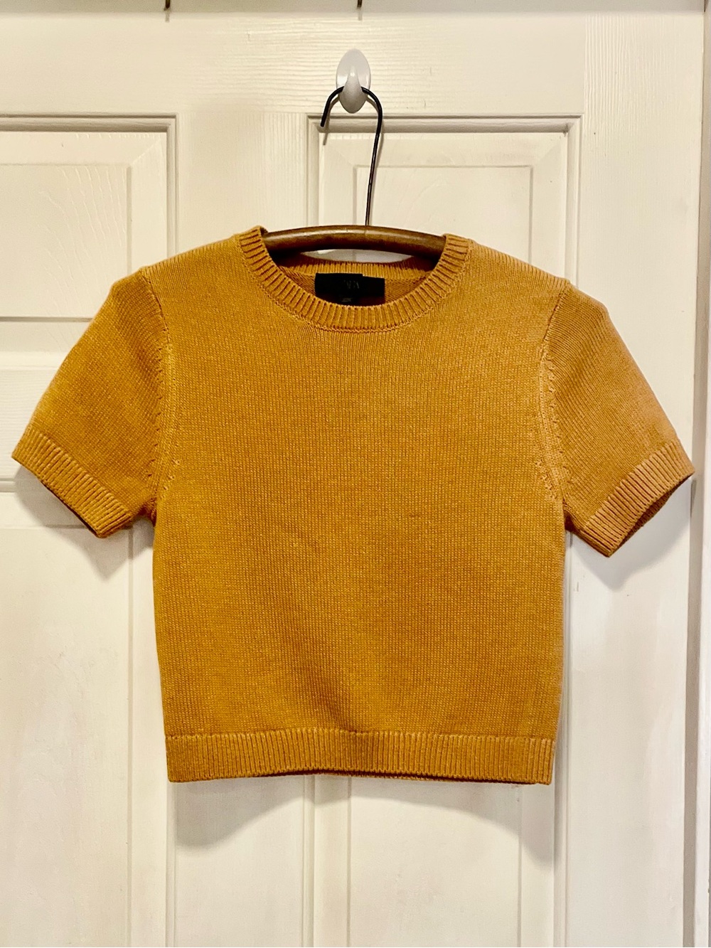 ZARA Tan Short Sleeve Knit Sweater Top Classic Crewneck Soft Minimalist Style Sm - Picture 3 of 8